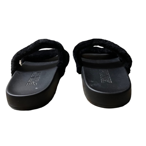 PINK Victoria’s Secret Black Fuzzy Slides Slippers Size M (38/39 or 8-9 US) - Picture 4 of 6